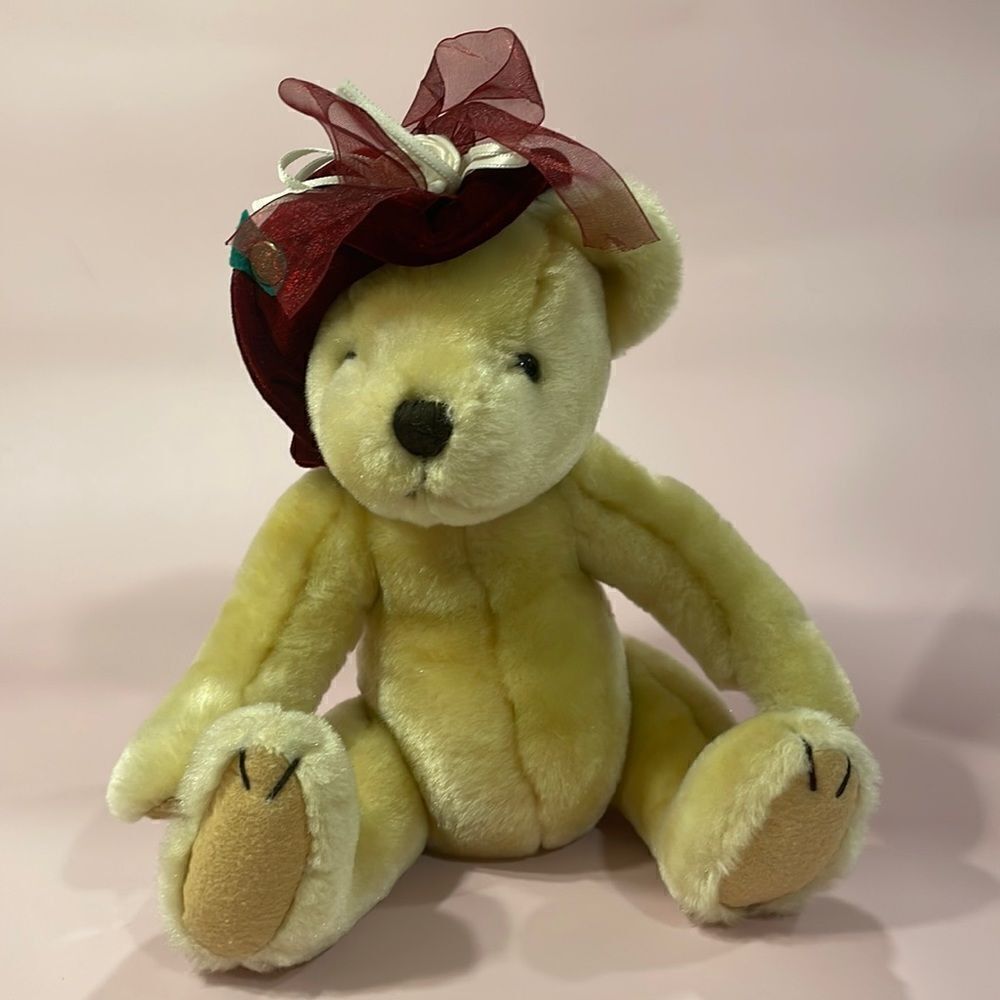 Plush Yellow Teddy Bear with Burgundy Hat - Kids Toy